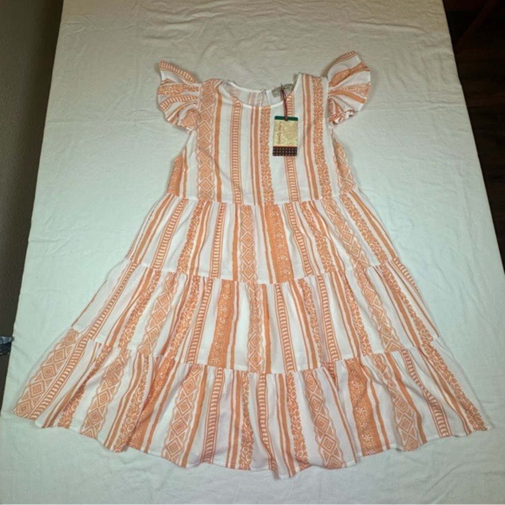 Flying Tomato Orange White Tribal Print Tiered Ruffle Sleeve Midi Dress NWT